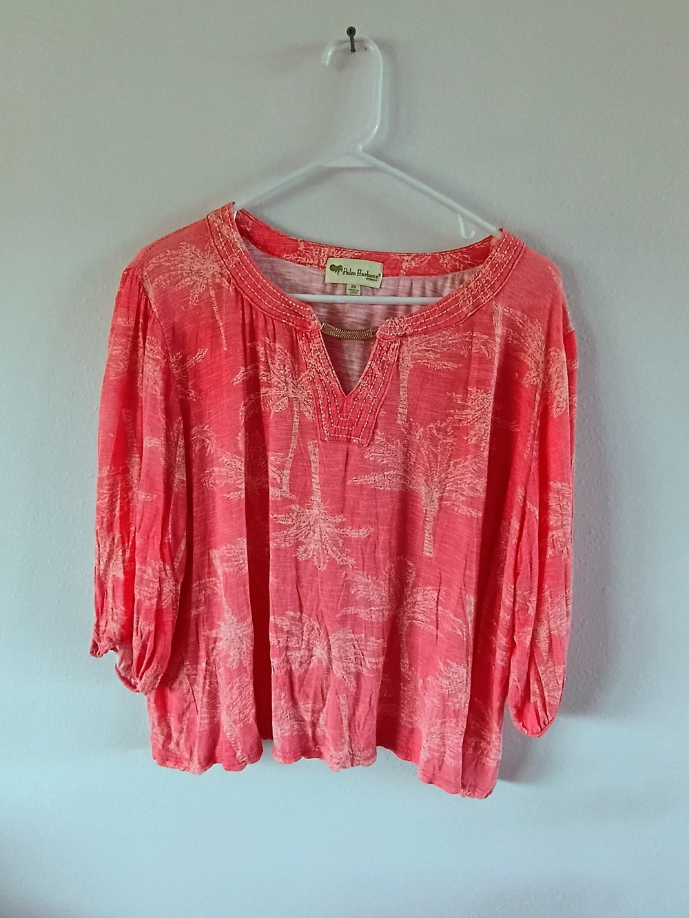 Palm Harbour Woman 2X Coral Tropical Palm Print Rayon Resort Blouse Top